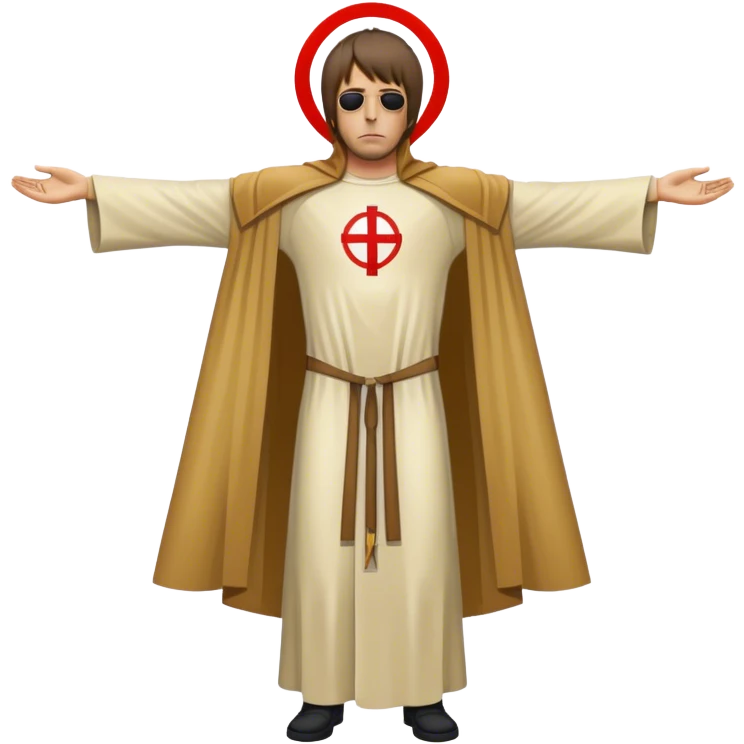 Crucified Liam Gallagher in the style of Jesus full body on cross in mod target on his robes emoji
