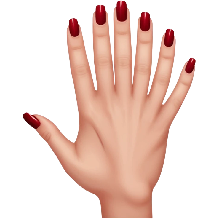 left hand of a woman with all five fingers painted in dark red nail polish, glossy finish, deep saturated red, smooth gradient, minimal details, clean and shiny
 emoji