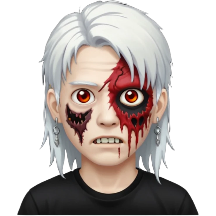 ok make a zombie avatar that has pale skin, young, asian, mullet hair, white hair with earrings wearing just a black T shirt white blood from the eyes emoji