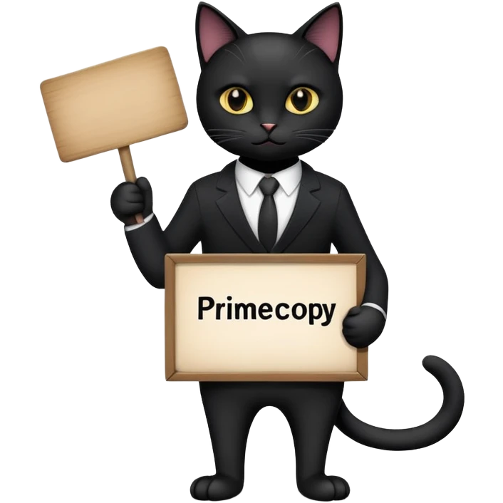 Black Cat in a black business suit holding a sign that says "PrimeCopy" emoji