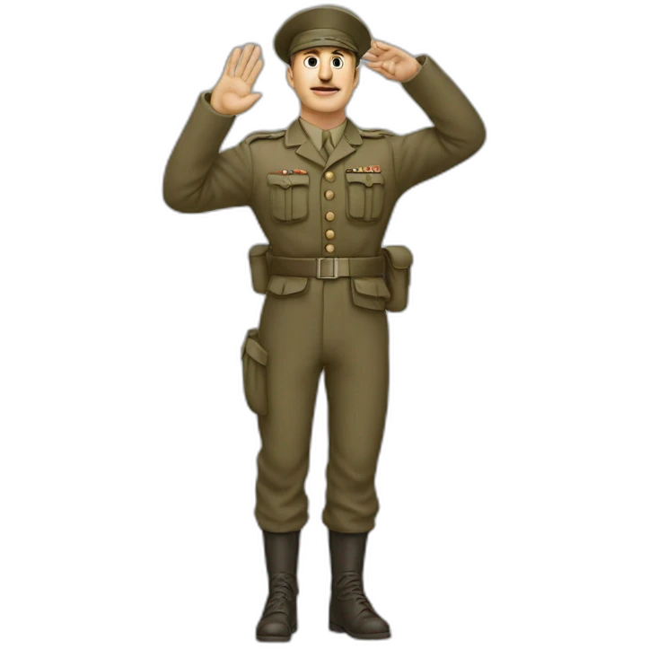 A man in a soldier suit from world war one raising their right hand vertically to around 45 degrees. His arm is stretched out, not bent at all. and his face is shown emoji