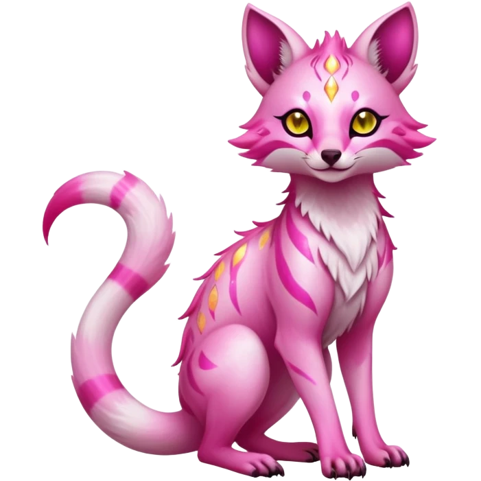 Exotic pastel pink romantic blush light cute lush warm-colored celestial spiritual Fakémon-Fionbri-Vernid-Sergal-Genet-creature with magenta markings and yellow sparkly shiny shine aura (full body) emoji