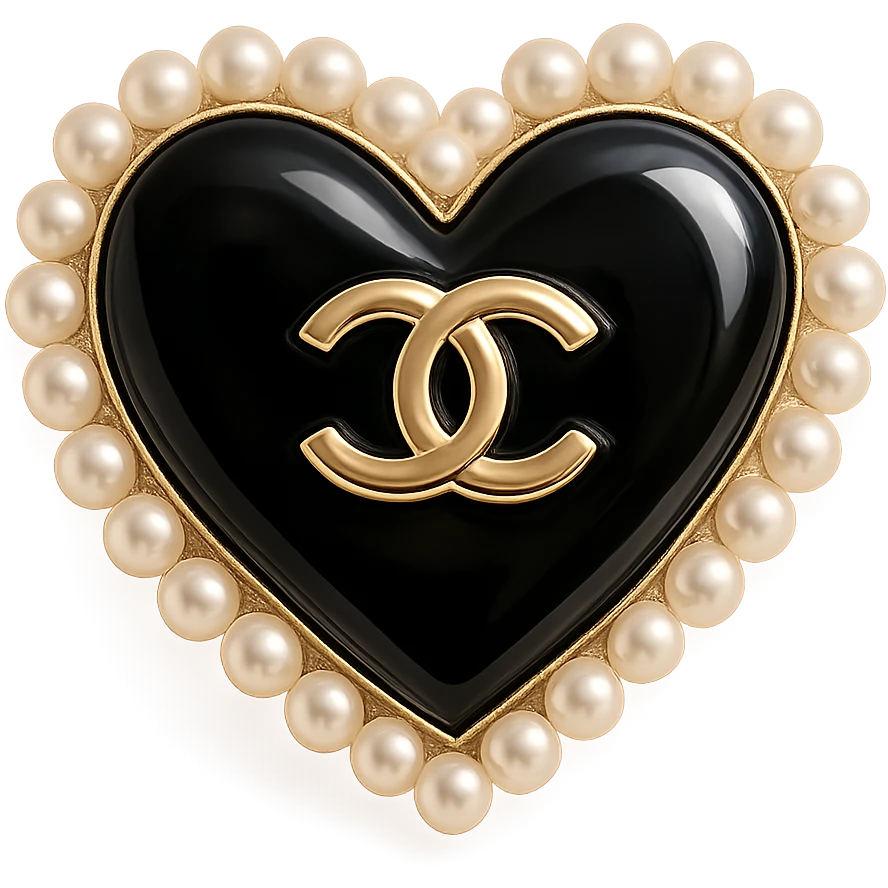  only the elegant heart with pearls and gold Chanel logo, glossy, pastel colors, realistic style, with no background. black pink,  emoji