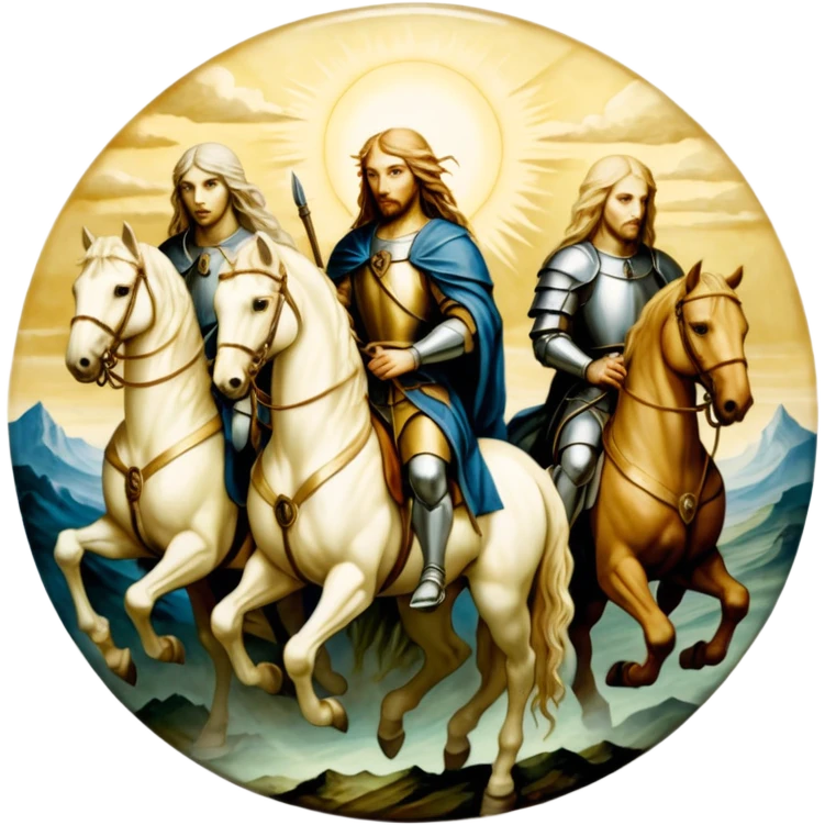 aesthetic shiny glowing divine lighting, oil paint - ivory The Four Horsemen of the Apocalypse, based on a graphic by Albrecht Dürer emoji