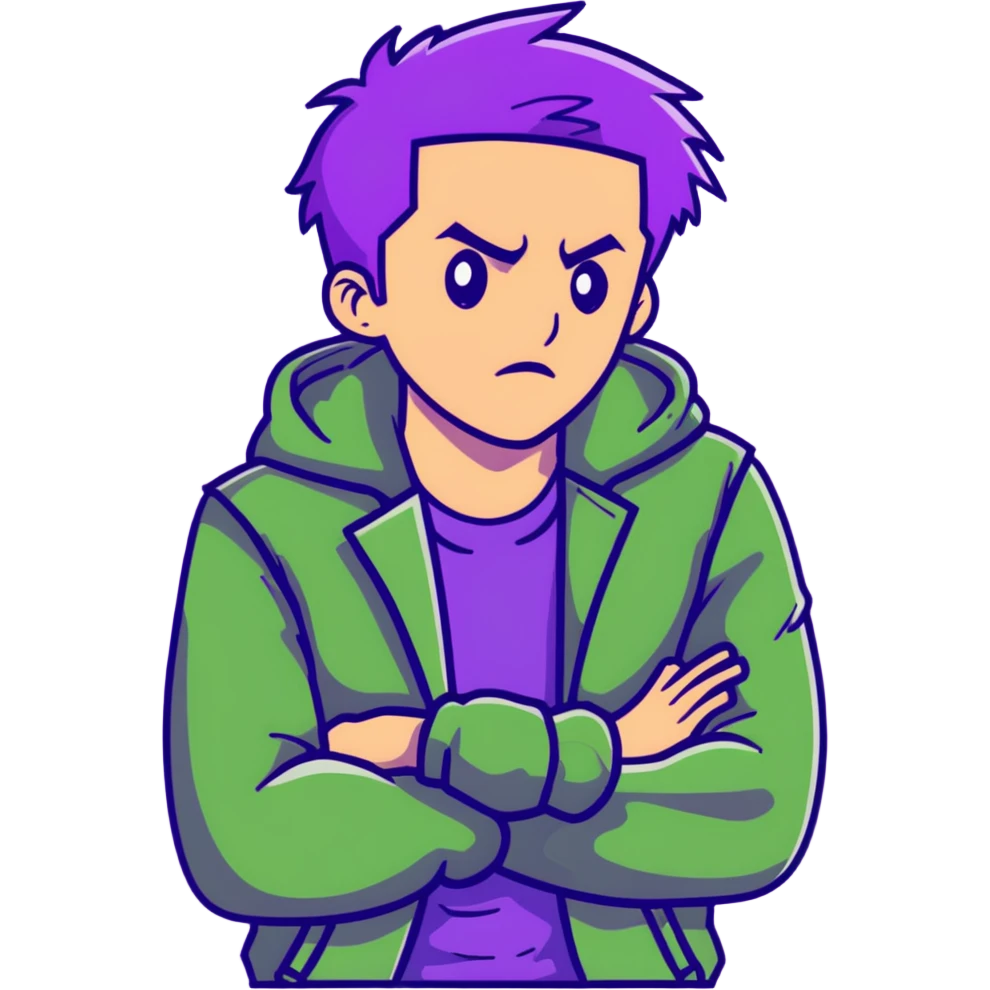Fashionable man with purple hair and green jacket, bold expression, powerful pose inspired by Thanos emoji