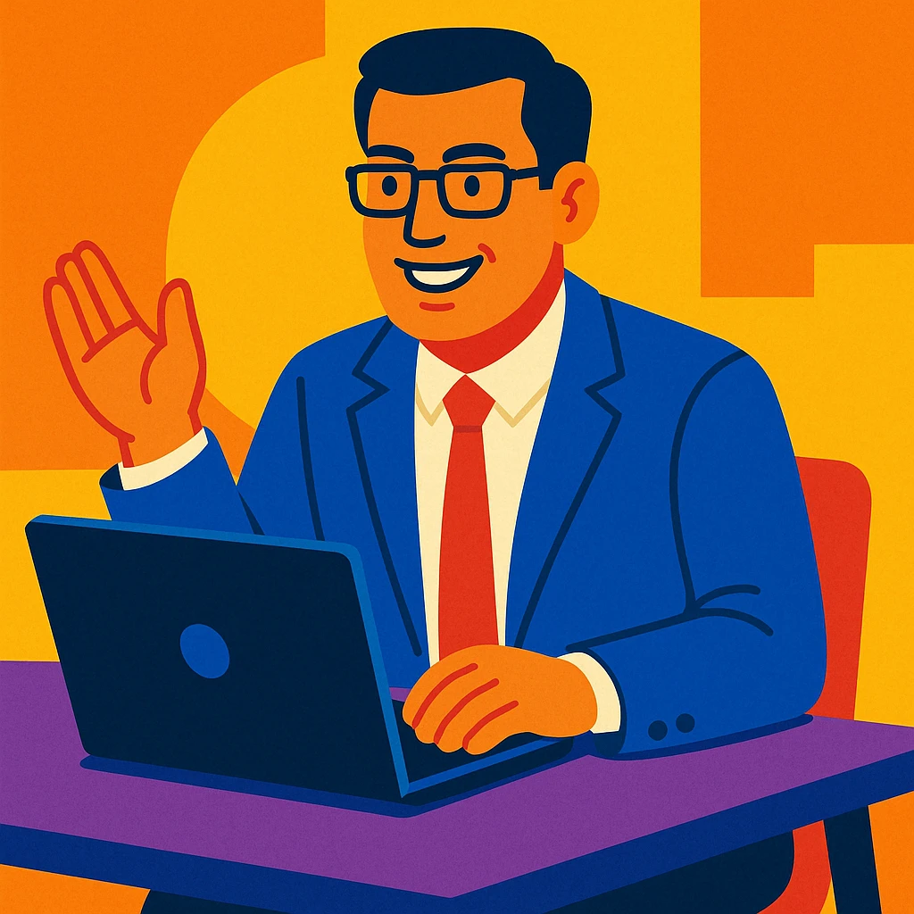 A 35-year-old male business coach sitting at a table with a laptop emoji