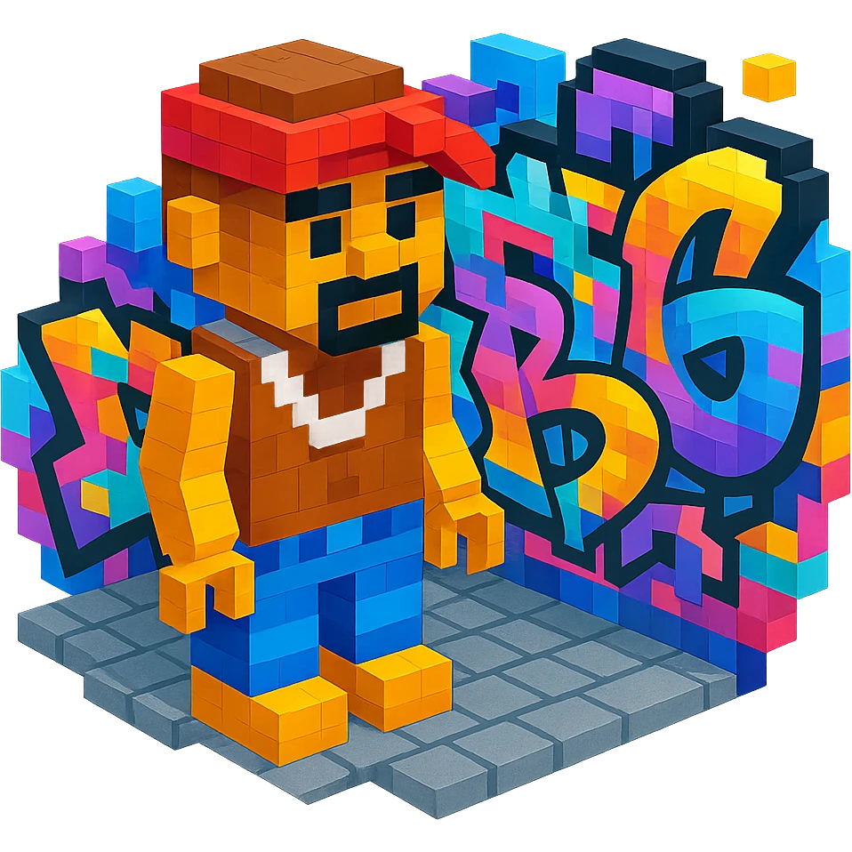 Lego 2Pac standing in front of a colorful graffiti backdrop, urban street vibe, detailed and vibrant emoji
