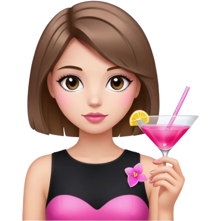 light brunette hair down bob girl black top holding a pink c osmo emoji