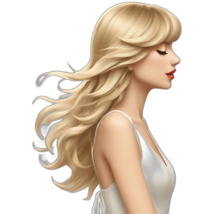 taylor swift side profile longer hair flying wind blowing, eyes closed white strap dress emoji