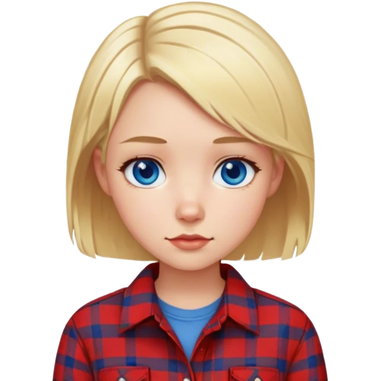 a girl with short blonde hair wearing a red flannel shirt with dark blue eyes  emoji
