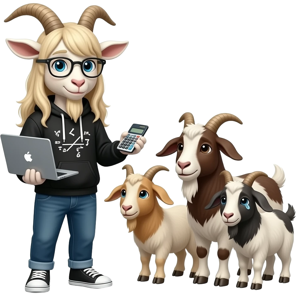 make a goat with long blonde hair that is a math and computer science expert, add that there are three goats that are a part of her team that she is supporting and they are desperately in need of her knowledge and she helps them emoji