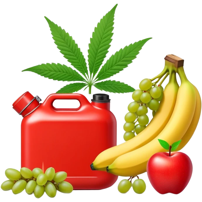 bright red gasoline canister surrounded by a banana, an apple, grapes, and a cannabis leaf, red fuel can with fruits and marijuana leaf arranged around it emoji
