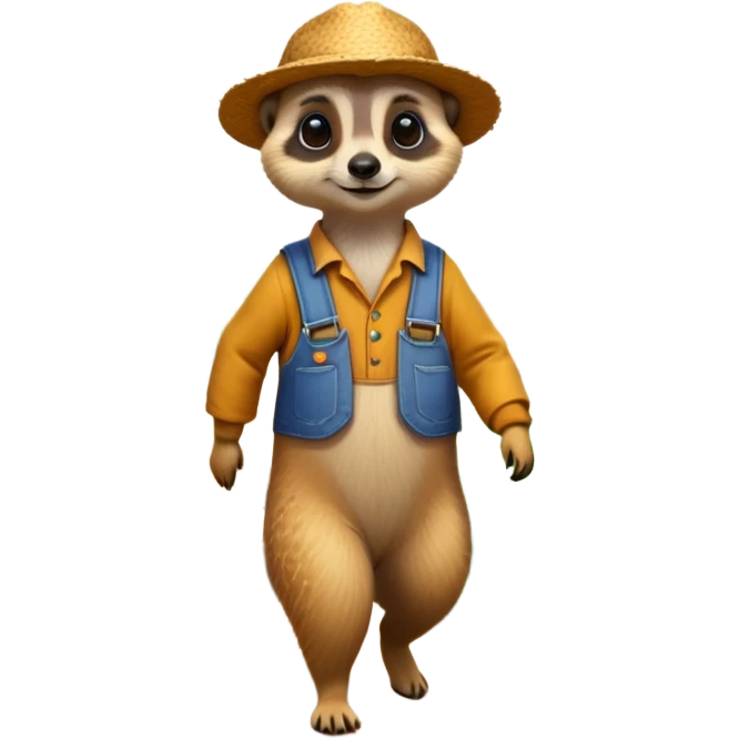 A Meerkat, dressed as a farmer, walking in the field with flowers and bushes surroundings and butterflies flying above  emoji