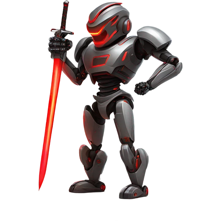 A very robot with red neon glows with a cool red sword emoji