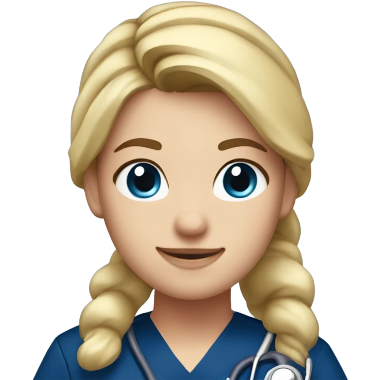 Nurse with blonde hair, ponytail, blue eyes, navy blue scrubs and a stethoscope emoji