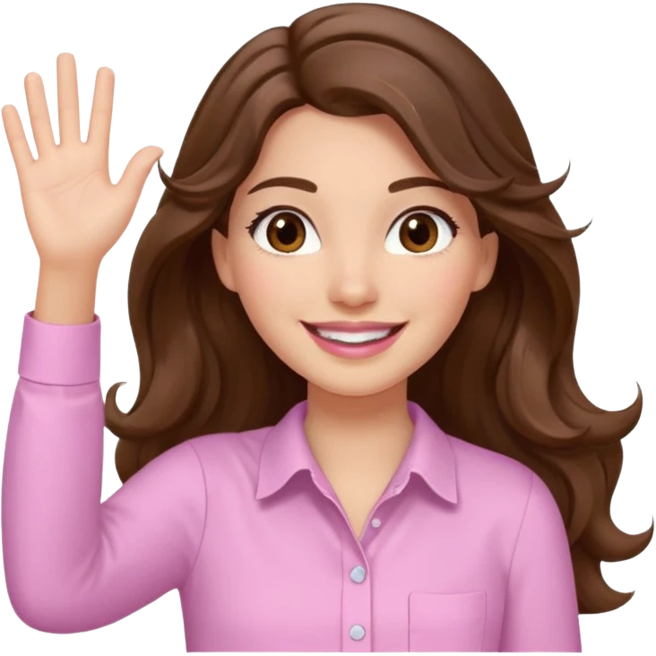 girl with wavy long brown hair, brown eyes, light to medium complexion, long lashes, light pink lipstick, smiling, wearing light pink shirt, waving hello emoji