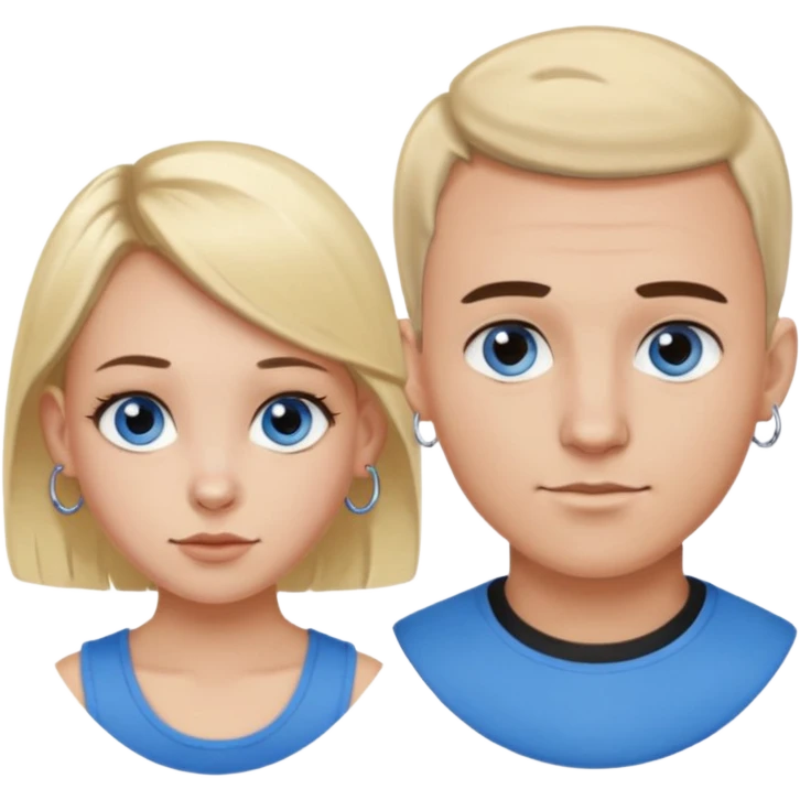 Caucasian guy with dark brown buzzed hair and hoop earring and blue eyes and Caucasian girl with blonde bob hair and hoop nose piercing and brown eyes emoji