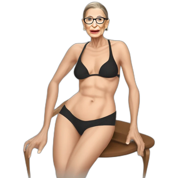 sexy ruth bader ginsburg wearing string bikini with hole in the crotch of her bikini bottoms acting out that scene from basic instinct (full body, ios17, sitting legs spread apart) emoji
