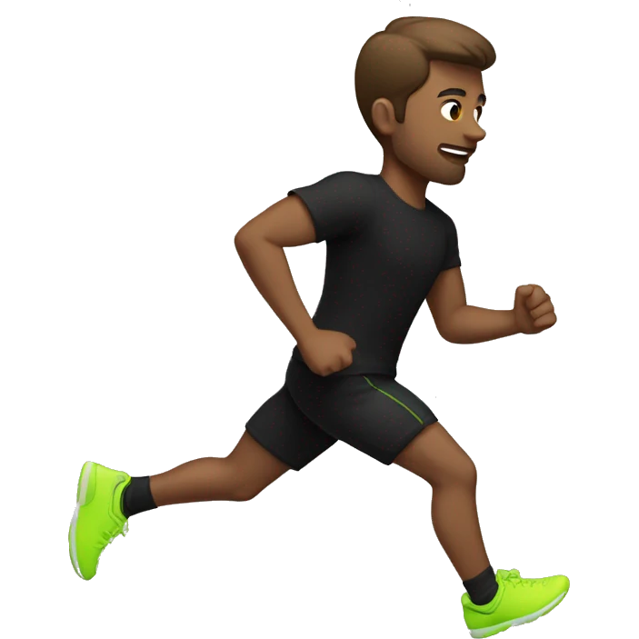 White male brown hair wearing black t shirt and black short with neon green running shoes running emoji