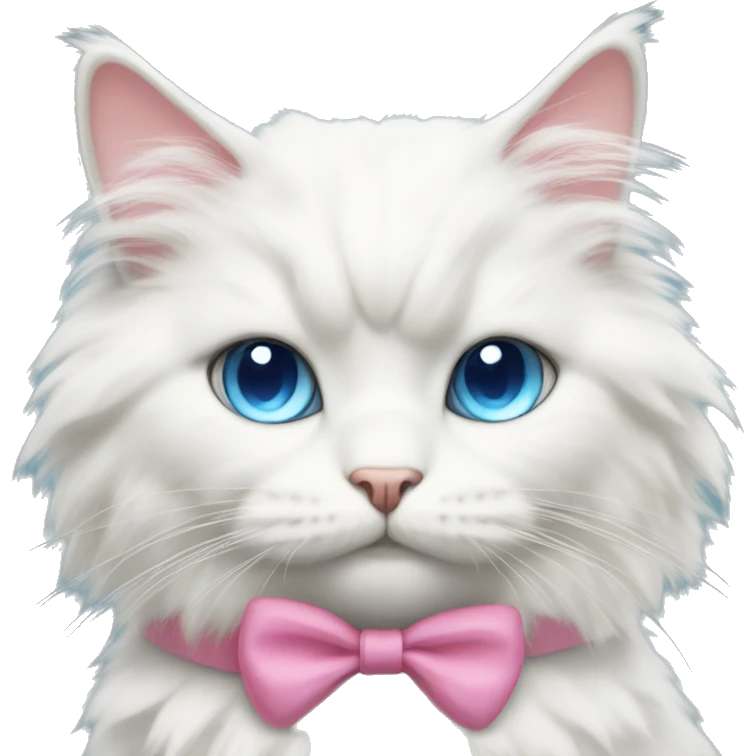 white fluffy cat with blue eyes wearing a pink bow  emoji
