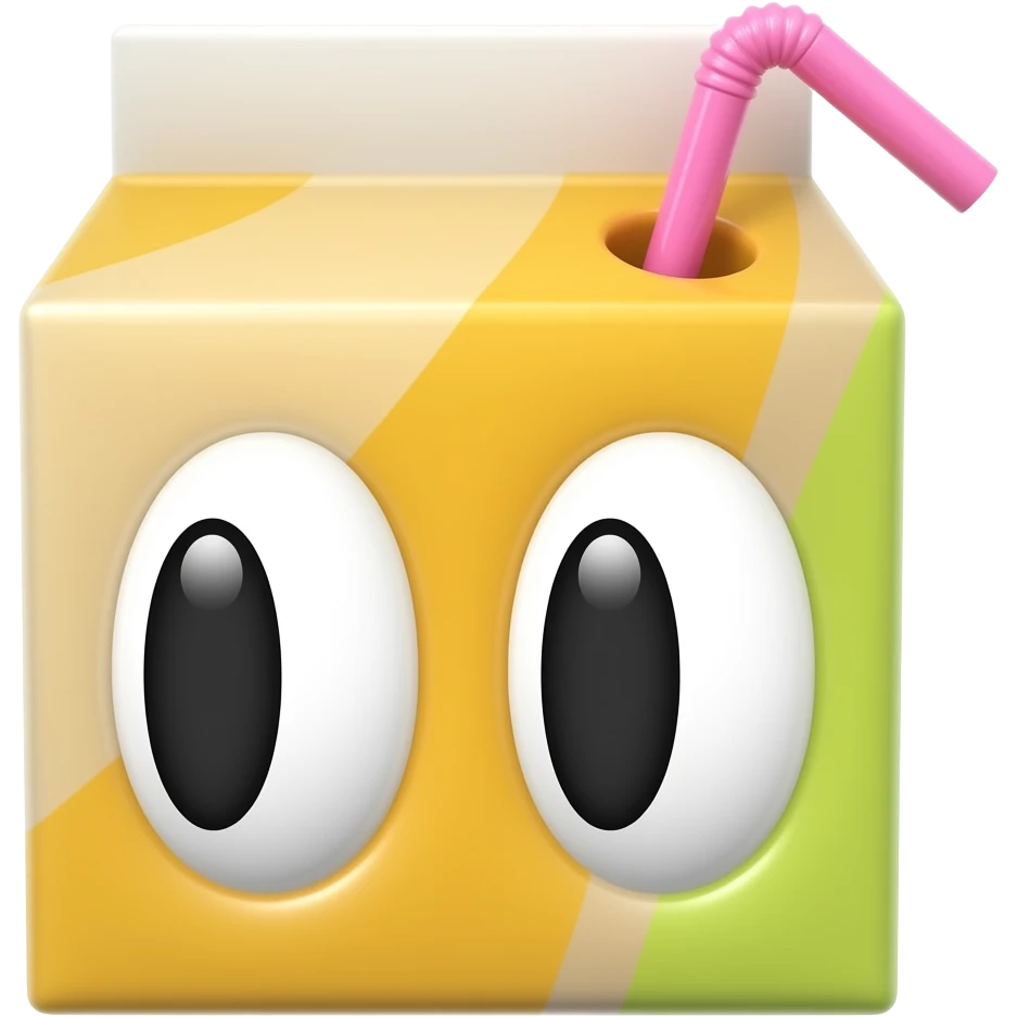 Juice box with only wide eyes looking to the side with a hot pink straw, no mouth emoji