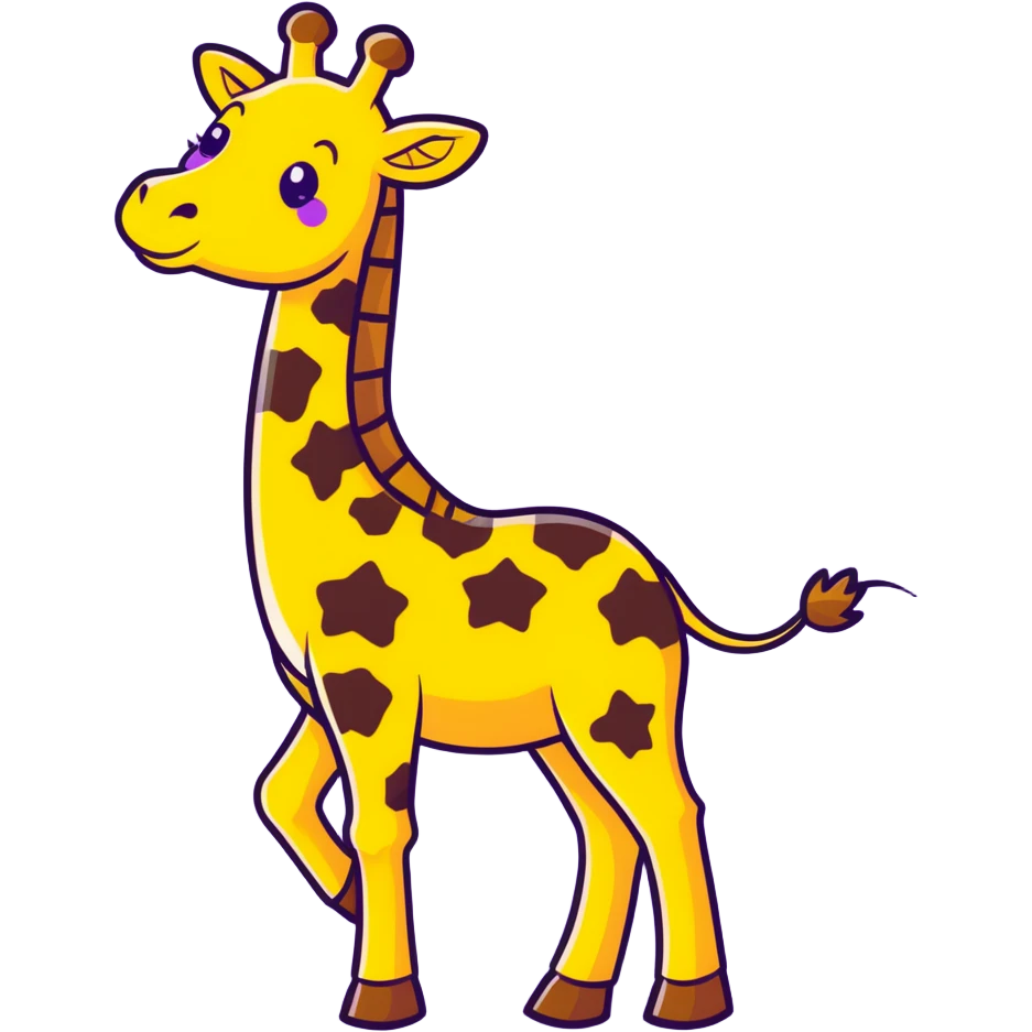 joyful cartoon giraffe dancing on hind legs, front hooves raised, big toothy smile, stars in eyes, bright yellow and brown, thick black outlines emoji