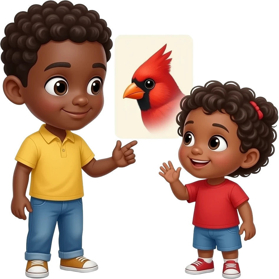 African American boy and African American boy toddler looking at a red cardinal emoji