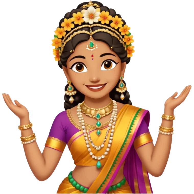 realistic bharathanatyam dancer with a smiling face and beautiful meenakshi pose emoji