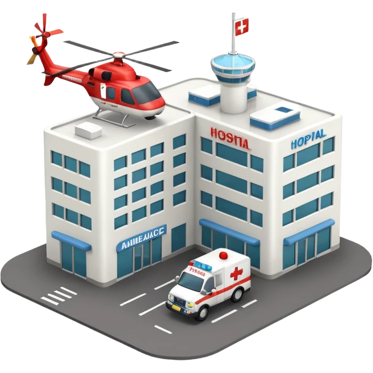 3d hospital outside, with text hospital, ambulance, helicopter , no background emoji