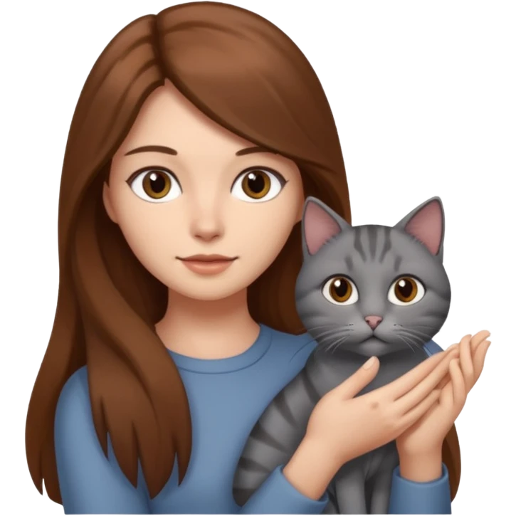 woman with gray cat on her hand, brown long hair emoji