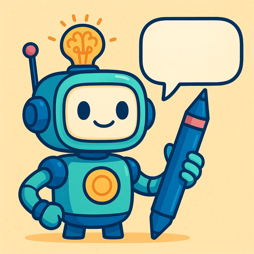 a robot with a speech bubble and pen, creative, for a writing assistant emoji
