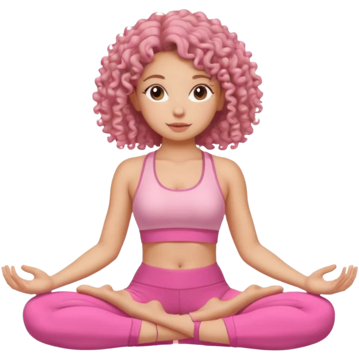Quero uma menina de roupa de malhar rosa do cabelo cacheado sentada como tivesse fazendo yoga emoji