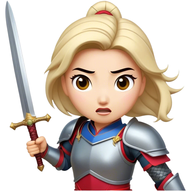 Cinematic Funny Mulan Portrait Emoji, Wearing her training armor too big, looking surprised as a sword nearly topples her over, a mix of warrior determination and hilarious inexperience, a comical yet endearing moment in her transformation! emoji