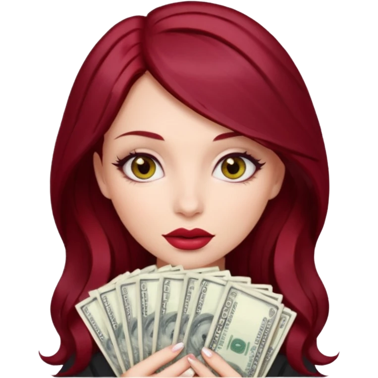 Create a girl with dark cherry red hair with grey eyes and big lips holding a stack of money  emoji