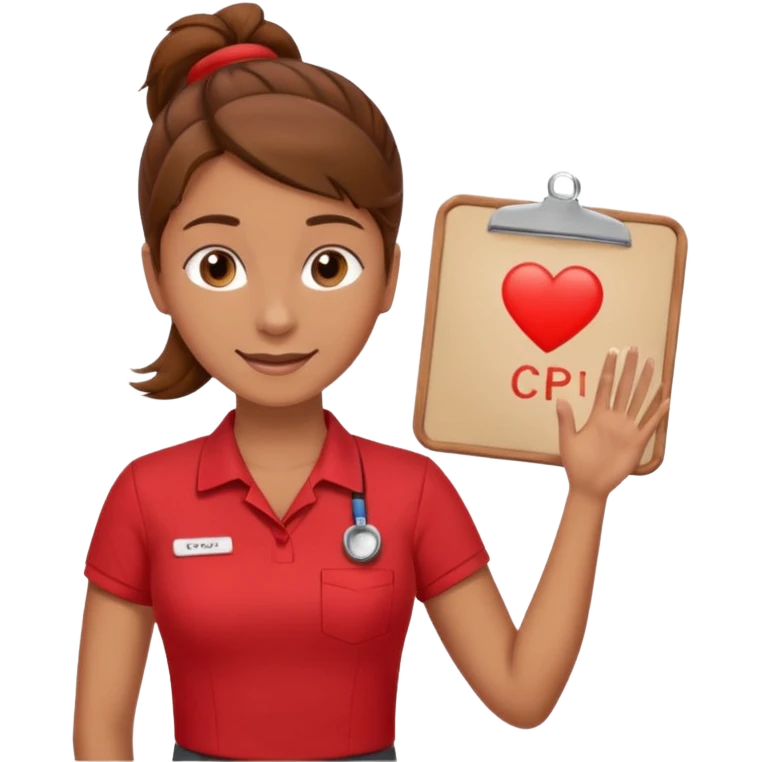 Happy instructor female brown hair whit board hair up red shirt add CPR to white board emoji
