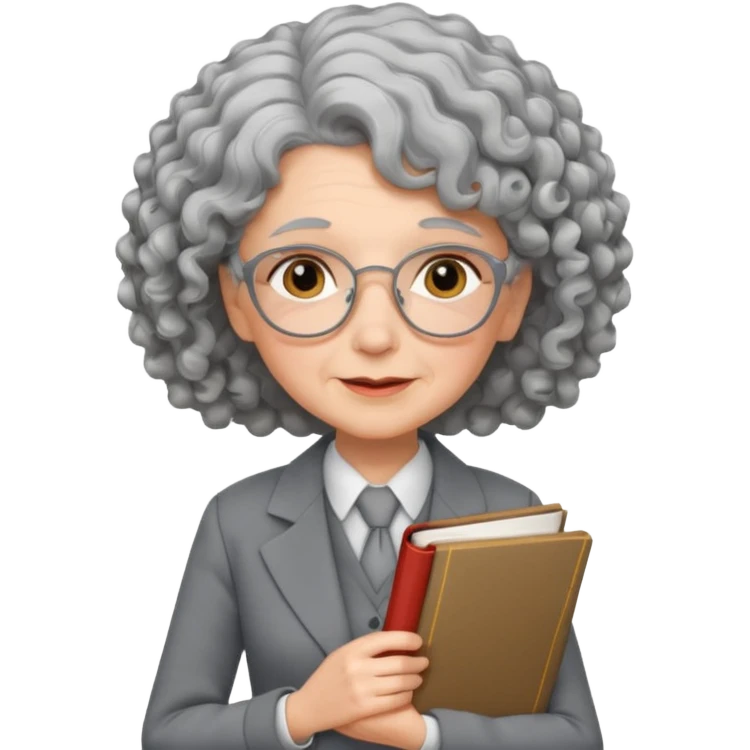 elderly female, curly hair, holding book, wearing gray suit emoji