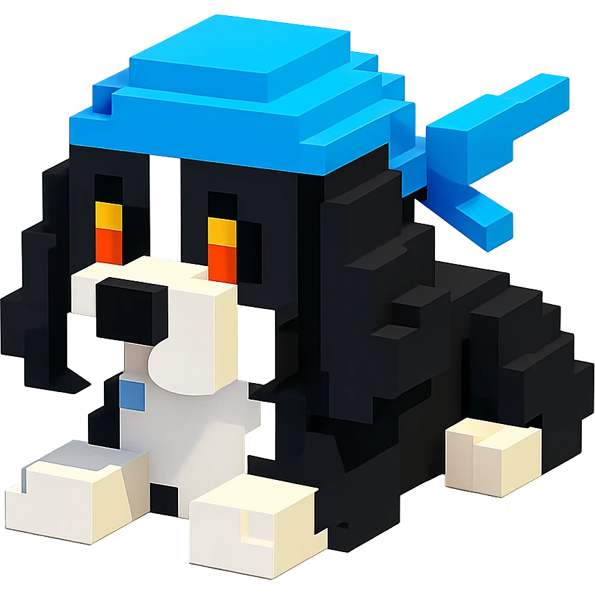 A black and white Russian Cocker Spaniel puppy wearing a durag, voxel style, lying down emoji