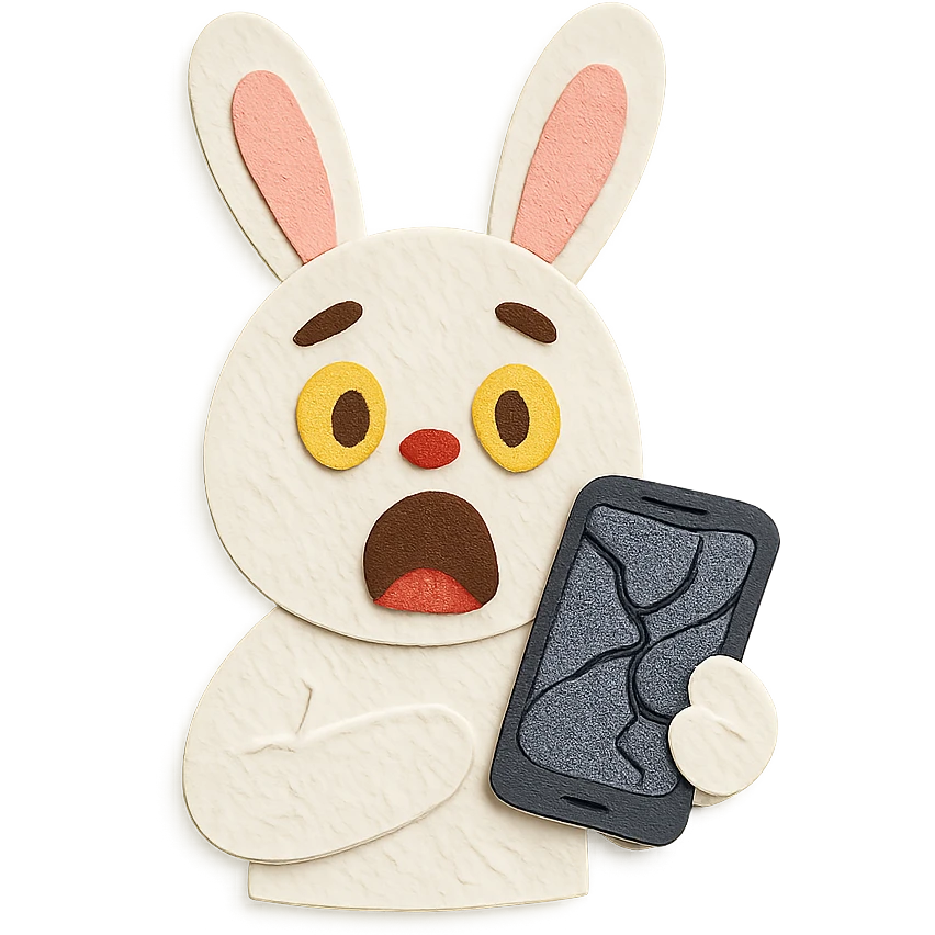 white bunny holding cracked phone with shocked face, paper-craft style emoji