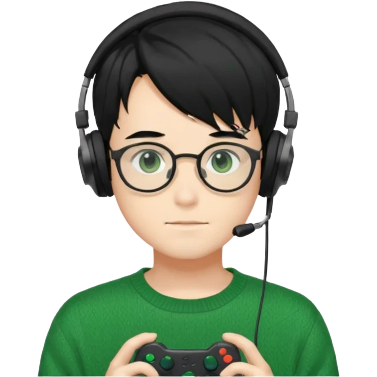 
gamer, Gorgeous green sweater black hair anime style shojo guy glasses, headphone, gamepad emoji