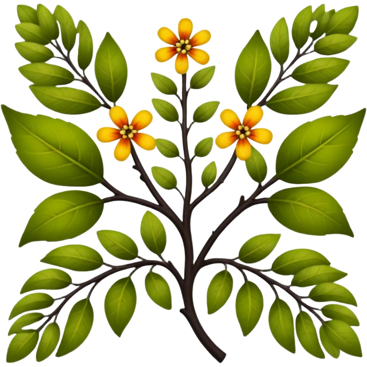 dull green leaves & colorful flowers filigree design & small fruits & ebony branches, extremely detailed, complex design emoji