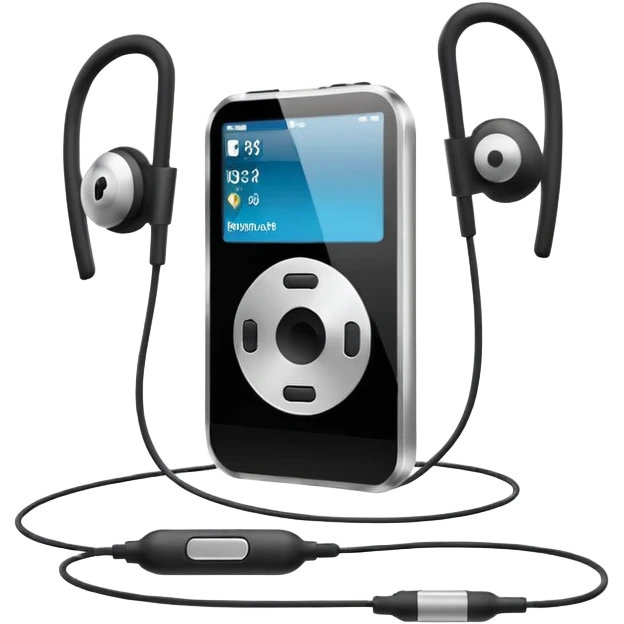 Futuristic iPod emoji with earphones, metallic black and white, smooth reflective surfaces, flat minimal vector design, clean UI style emoji