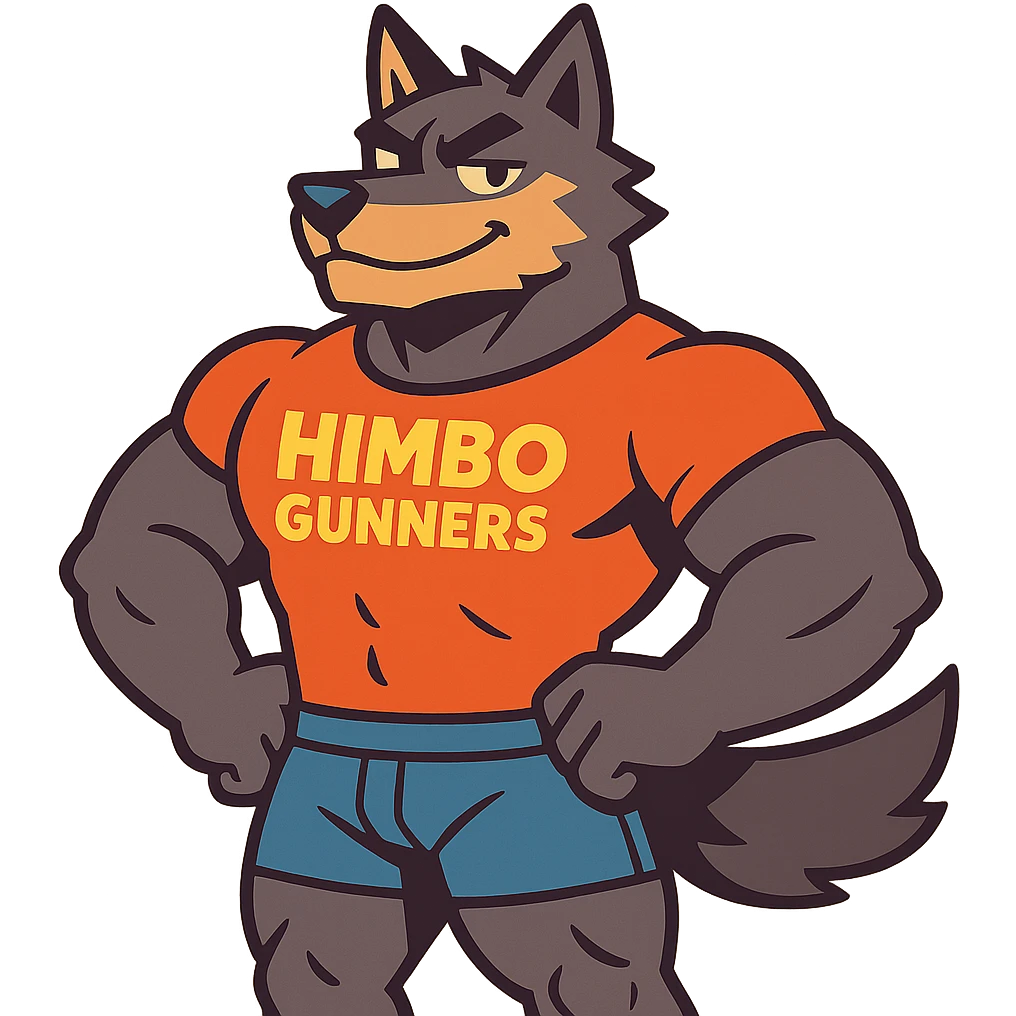 muscular wolf furry, standing confidently, wearing a t-shirt with 'Himbo gunners' emoji