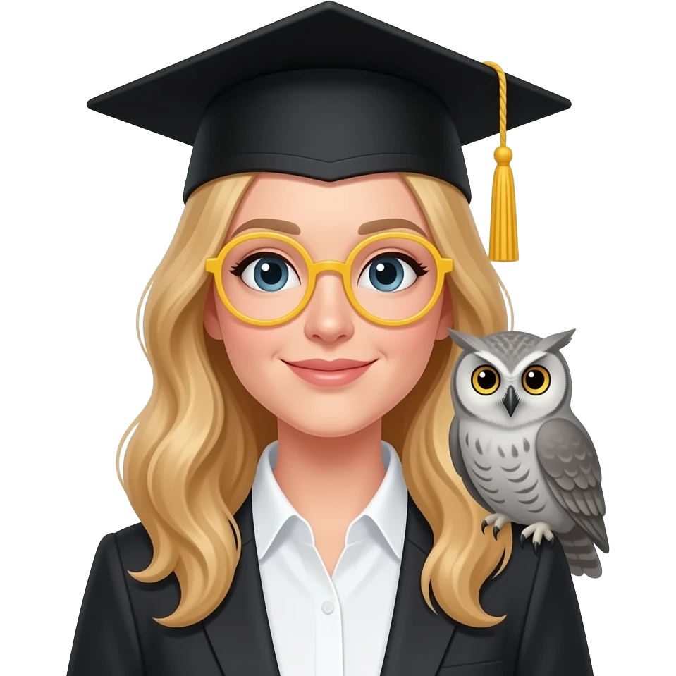 a teacher with long wavy blond hair with a grey owl in a black graduation cap with a yellow tassel and round yellow glasses sitting on the right hand emoji
