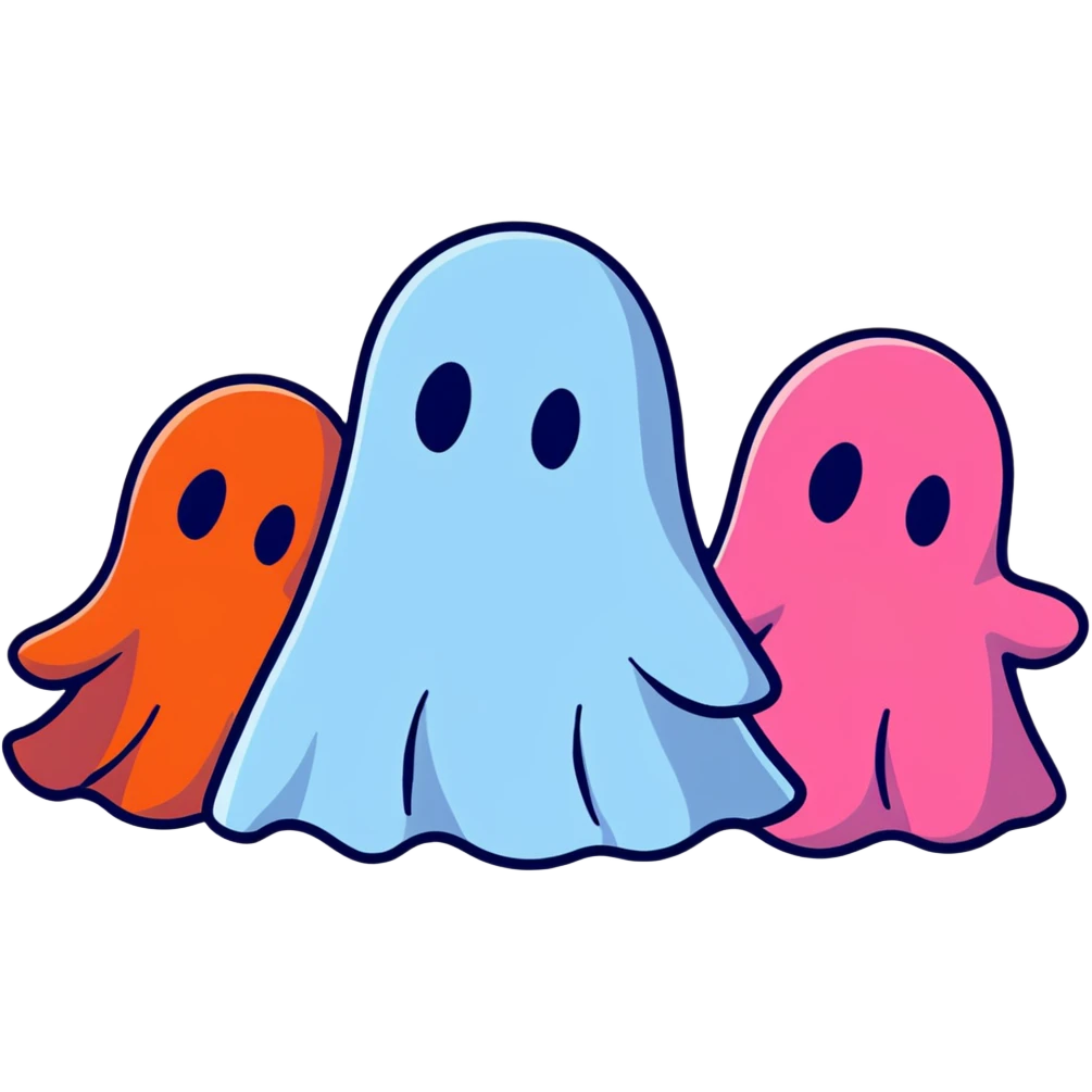 The four classic Pacman ghosts (red, pink, blue, and orange) lined up together emoji