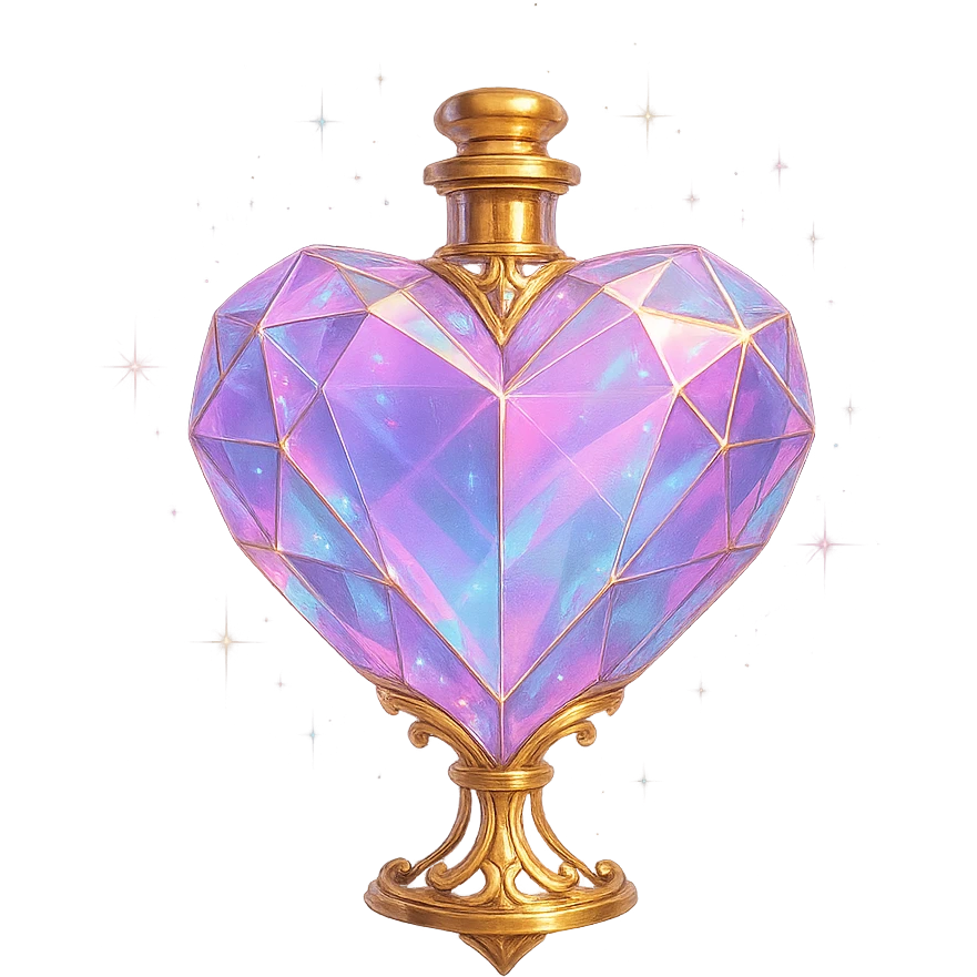 luxurious crystal elixir bottle in heart shape, pastel gradient colors, lots of glowing shine, facets, ornaments, golden details, magical effects, very small golden neck, transparent background, beautiful connected base, clearly floating in air, no base or shadow, premium class impression, design matching a collection of crystal, luxurious, magical bottles emoji