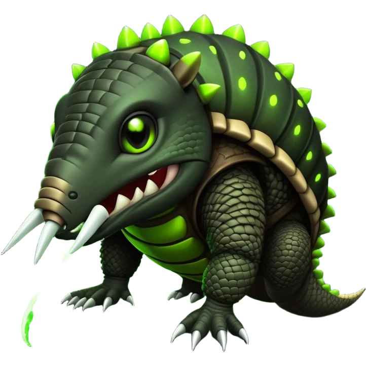 Biohazard armadillo. has black skin and a dark, segmented shell, with the middle sections of each segment glowing in a toxic lime green. The armadillo's face has a twisted, evil grin. His eyes are wide and intense, glowing in the same toxic green. emoji