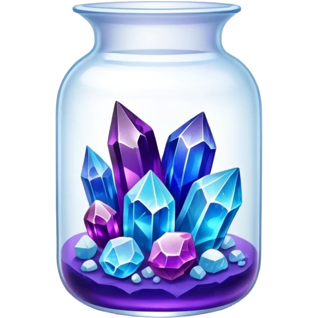 Close-up of vibrant crystals growing in a glass container on a table, with various colors like purple, blue, and clear. Some crystals are larger, while others are still forming. Soft light highlights their natural beauty. Background with a cozy indoor setting. emoji