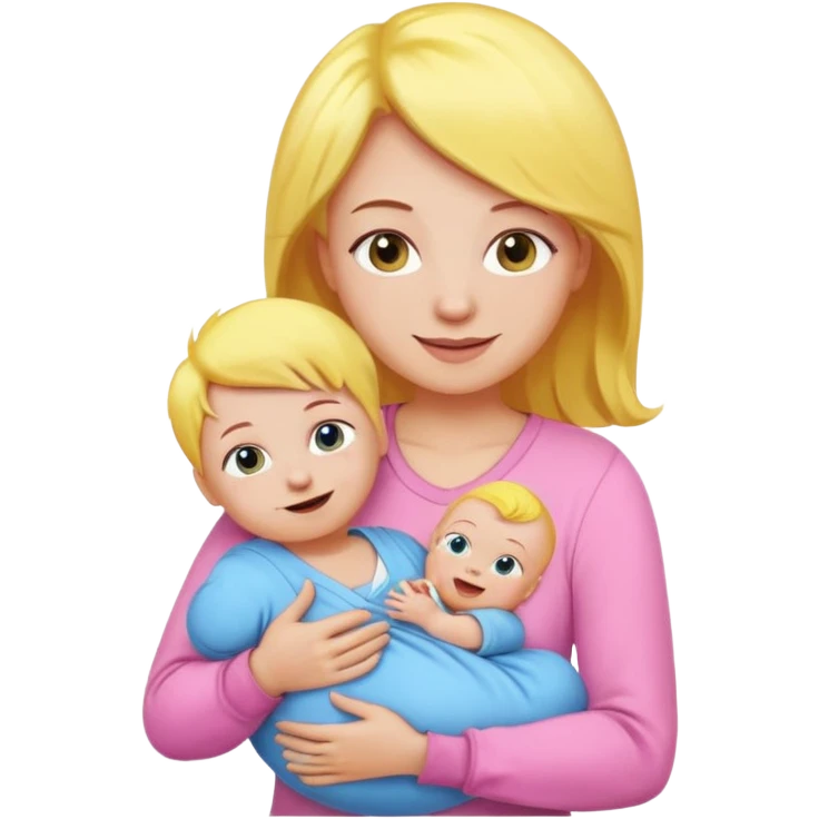 mother with yellow hair and pink dress holding baby in blue onesie, emoji style emoji