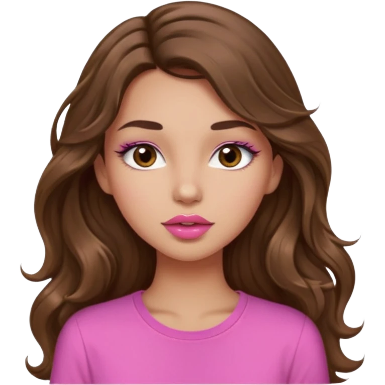 girl with long wavy brown hair, brown eyes, light to medium complexion, in a pink shirt, pink lips, long lashes,kissing emoji