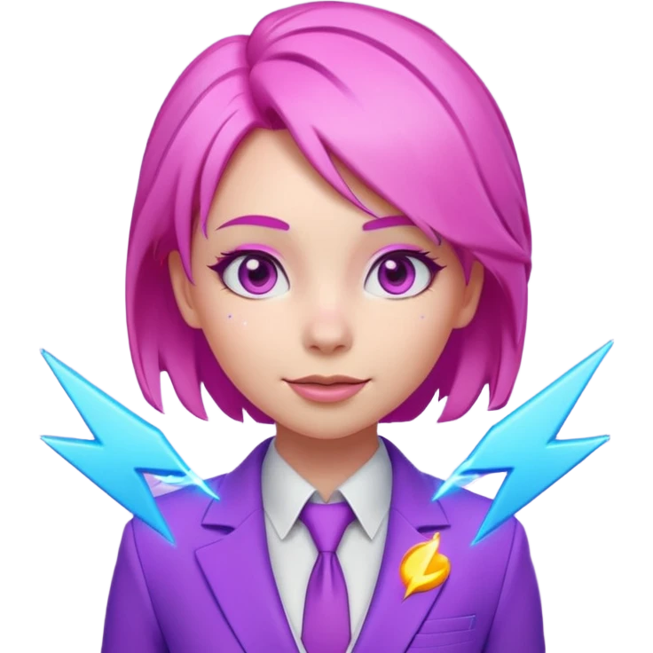 Cute 3D emoji-style girl sexy character with pink hair and purple eyes. No hands, no pose. Clean purple suit with a glowing neon-blue ‘C’ logo on the chest, small lightning accent. Smooth Apple-style lighting, friendly expression emoji